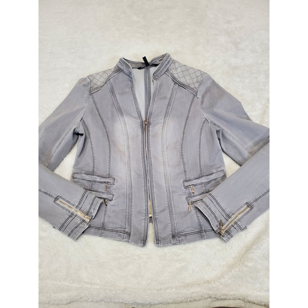 White House Black Market Gray Washed Quilted Denim Jacket 10 Moto Grunge Casual